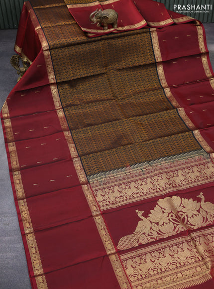 Pure kanchipuram silk saree black and maroon with allover thread weaves and long rettapet zari woven border