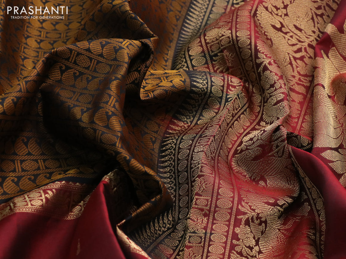 Pure kanchipuram silk saree black and maroon with allover thread weaves and long rettapet zari woven border