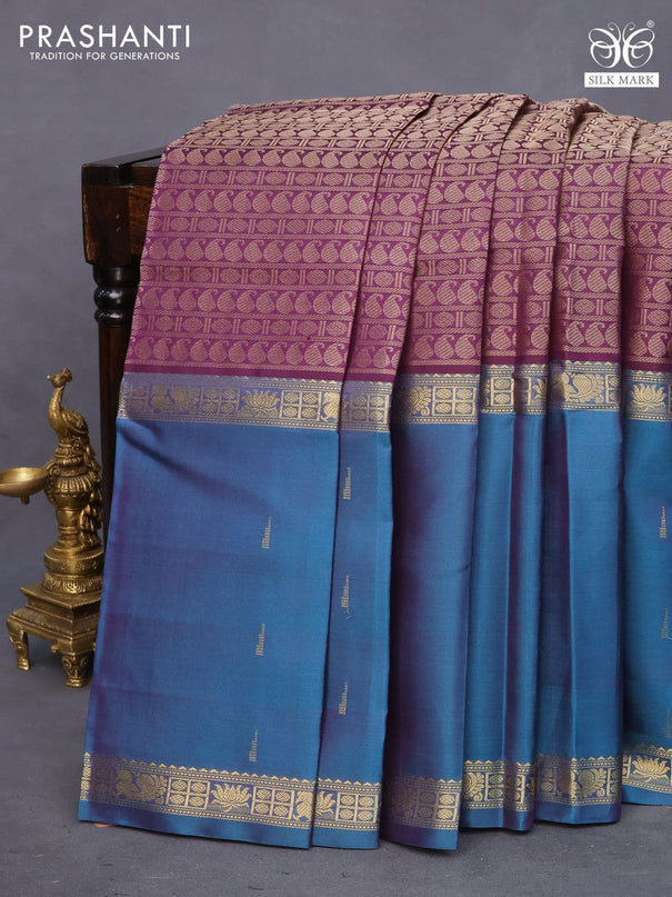 Pure kanchipuram silk saree deep purple with allover thread weaves and long ganga jamuna border