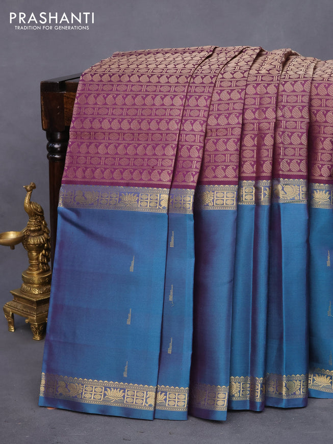 Pure kanchipuram silk saree deep purple with allover thread weaves and long ganga jamuna border