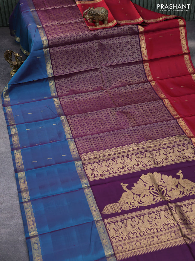 Pure kanchipuram silk saree deep purple with allover thread weaves and long ganga jamuna border