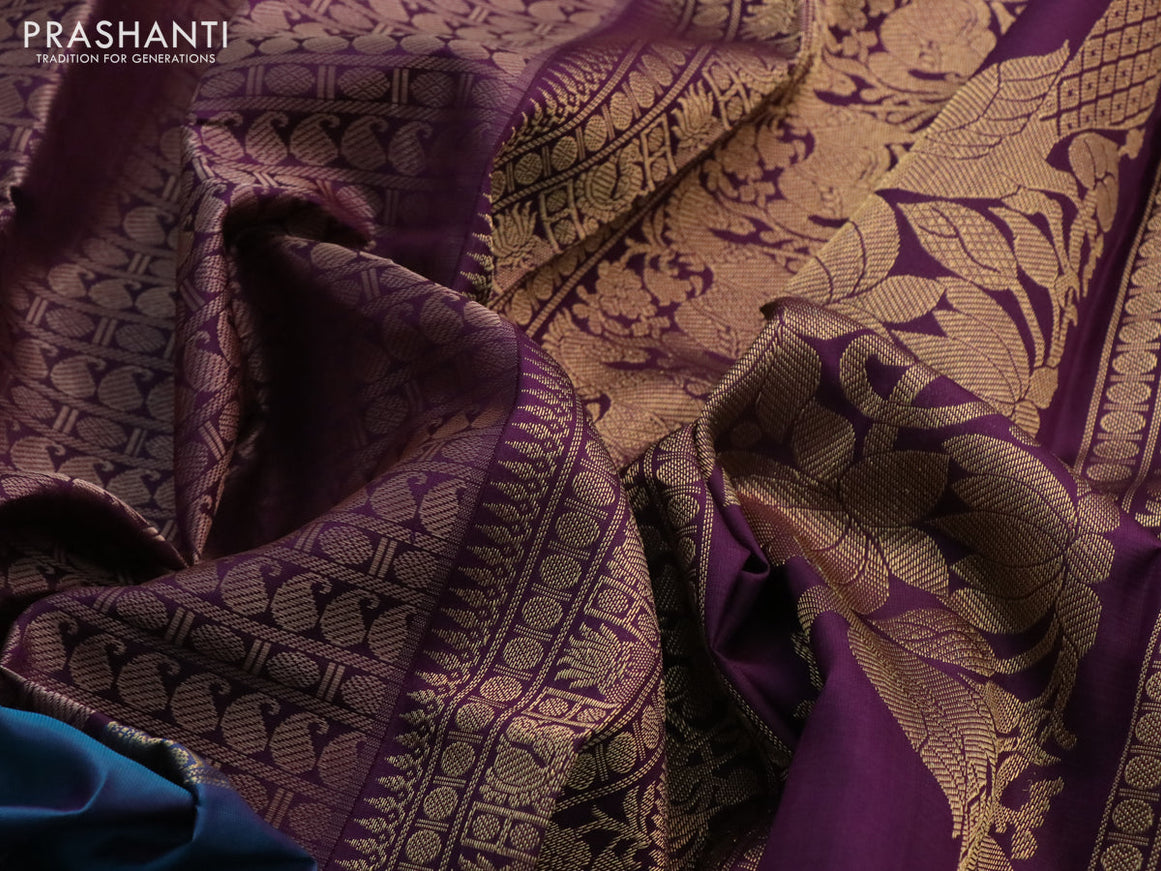 Pure kanchipuram silk saree deep purple with allover thread weaves and long ganga jamuna border