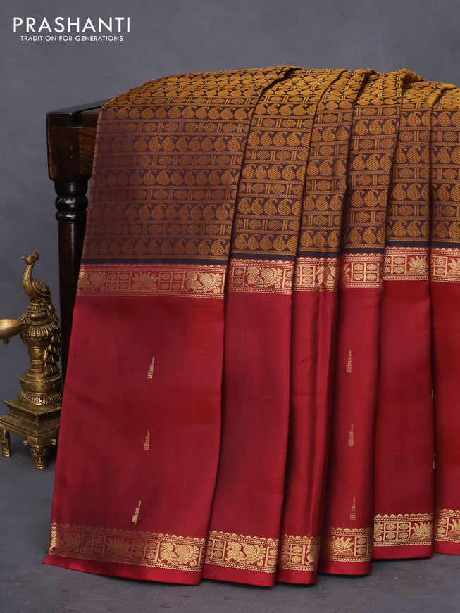 Pure kanchipuram silk saree coffee brown and maroon with allover thread weaves and long rettapet zari woven border