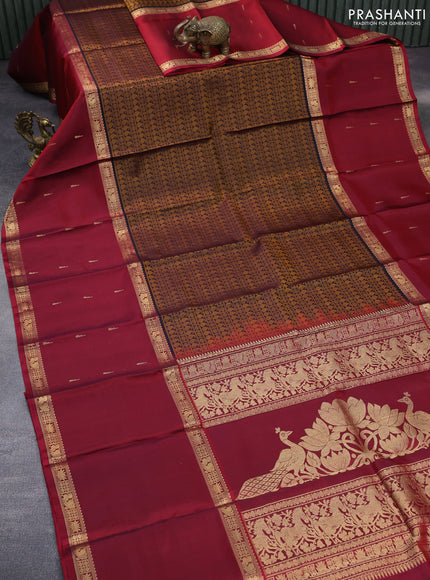 Pure kanchipuram silk saree coffee brown and maroon with allover thread weaves and long rettapet zari woven border