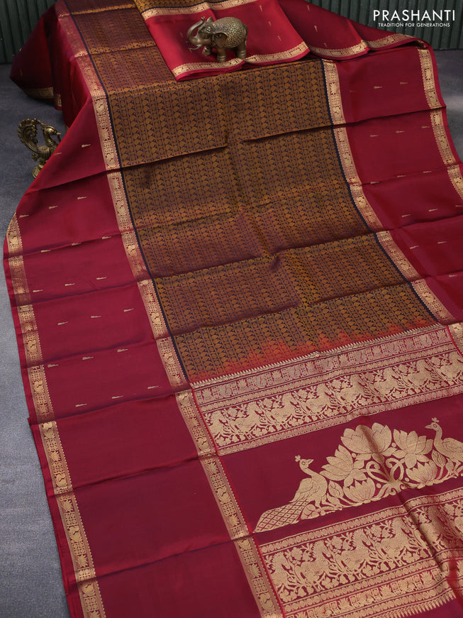 Pure kanchipuram silk saree coffee brown and maroon with allover thread weaves and long rettapet zari woven border