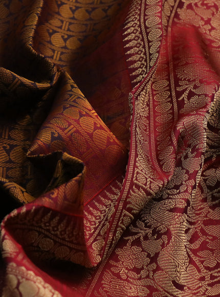 Pure kanchipuram silk saree coffee brown and maroon with allover thread weaves and long rettapet zari woven border