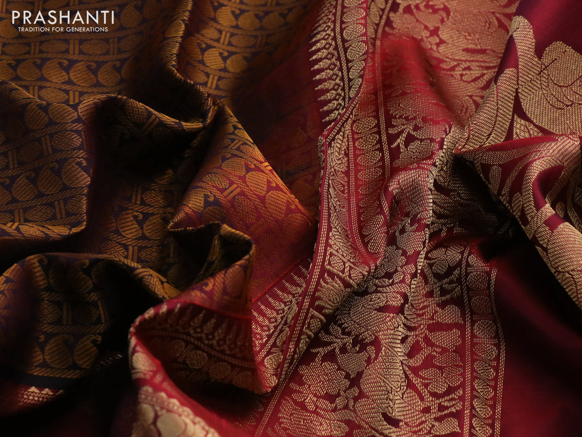 Pure kanchipuram silk saree coffee brown and maroon with allover thread weaves and long rettapet zari woven border