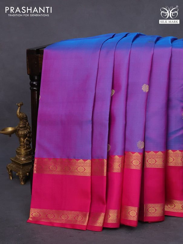 Pure kanchipuram silk saree dual shade of blue and pink with zari woven buttas and rettapet zari woven border