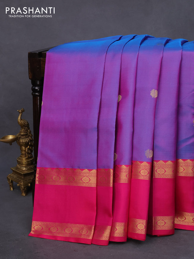 Pure kanchipuram silk saree dual shade of blue and pink with zari woven buttas and rettapet zari woven border