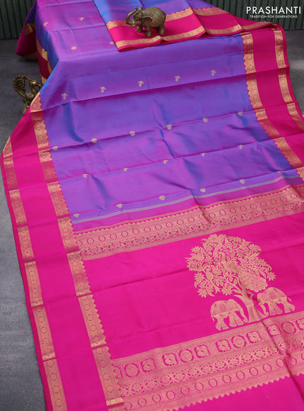 Pure kanchipuram silk saree dual shade of blue and pink with zari woven buttas and rettapet zari woven border