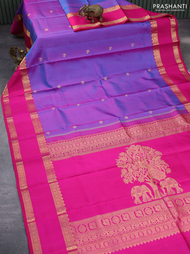 Pure kanchipuram silk saree dual shade of blue and pink with zari woven buttas and rettapet zari woven border