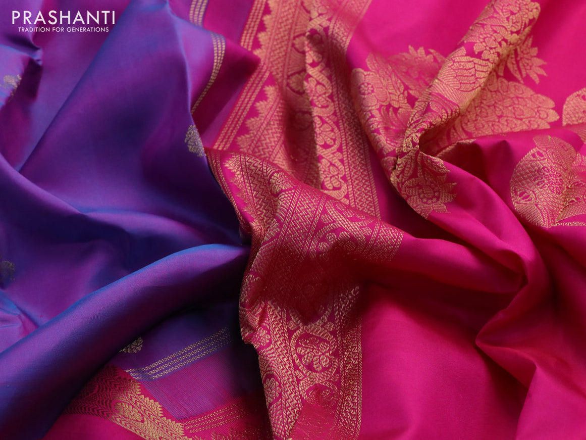 Pure kanchipuram silk saree dual shade of blue and pink with zari woven buttas and rettapet zari woven border