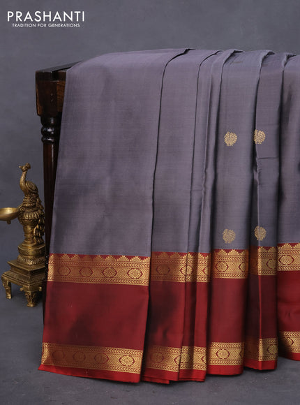 Pure kanchipuram silk saree grey and maroon with zari woven buttas and rettapet zari woven border