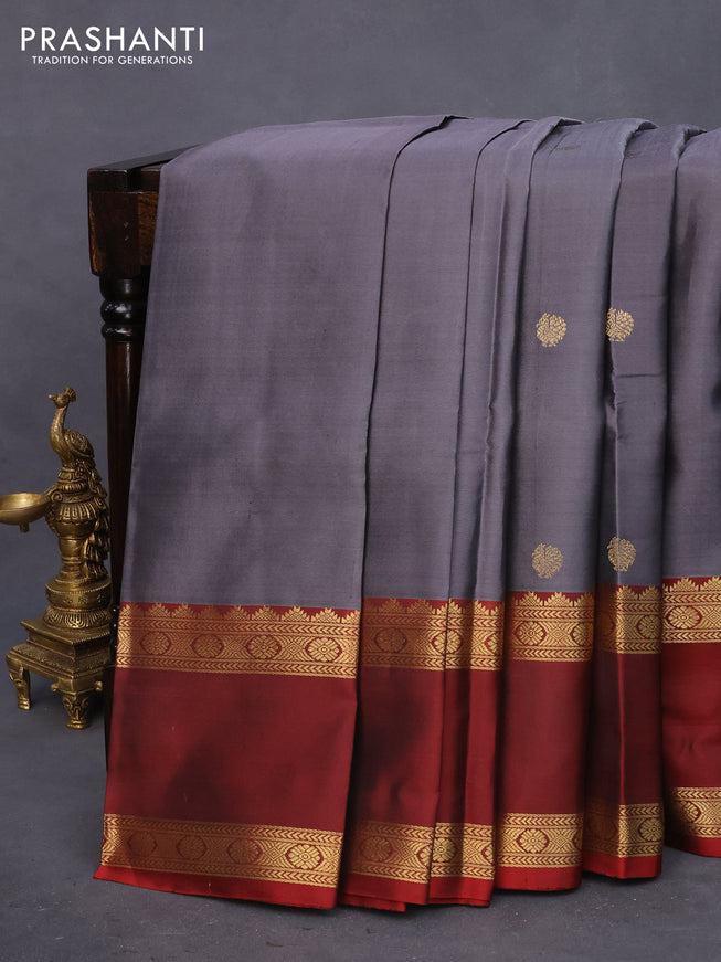 Pure kanchipuram silk saree grey and maroon with zari woven buttas and rettapet zari woven border