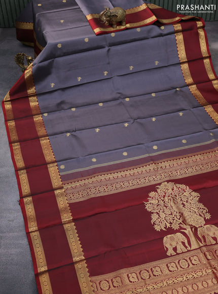 Pure kanchipuram silk saree grey and maroon with zari woven buttas and rettapet zari woven border