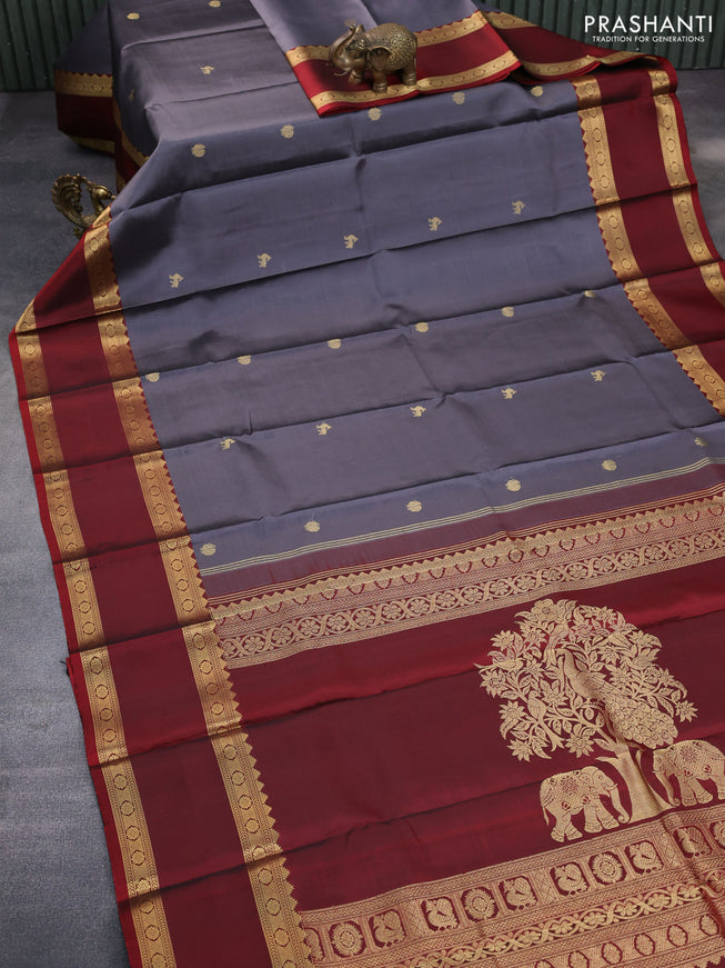 Pure kanchipuram silk saree grey and maroon with zari woven buttas and rettapet zari woven border