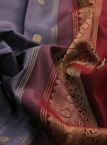 Pure kanchipuram silk saree grey and maroon with zari woven buttas and rettapet zari woven border