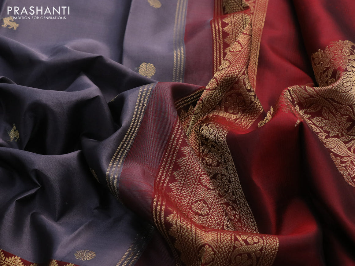 Pure kanchipuram silk saree grey and maroon with zari woven buttas and rettapet zari woven border