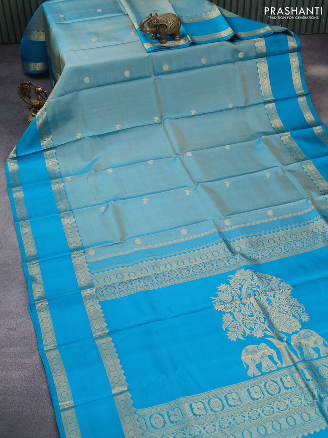 Pure kanchipuram silk saree teal blue shade and cs blue with zari woven buttas and rettapet zari woven border