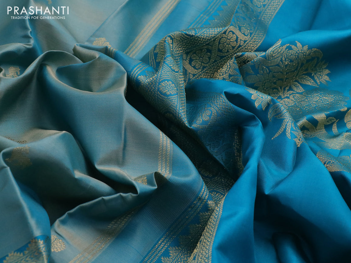 Pure kanchipuram silk saree teal blue shade and cs blue with zari woven buttas and rettapet zari woven border