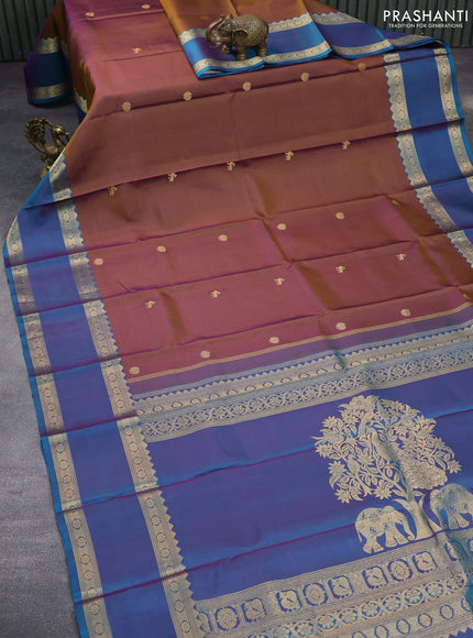 Pure kanchipuram silk saree dual shade of honey and peacock green with zari woven buttas and rettapet zari woven border