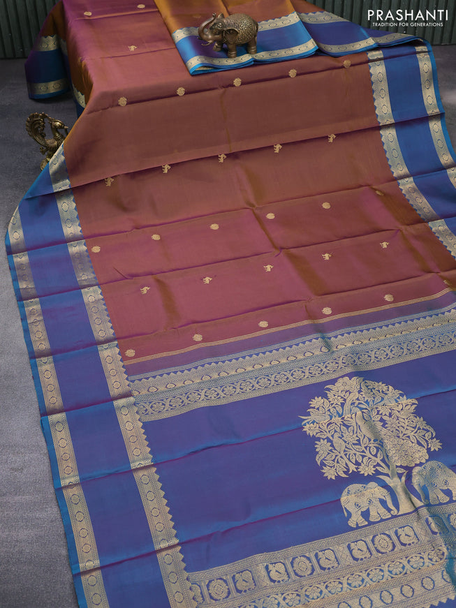 Pure kanchipuram silk saree dual shade of honey and peacock green with zari woven buttas and rettapet zari woven border