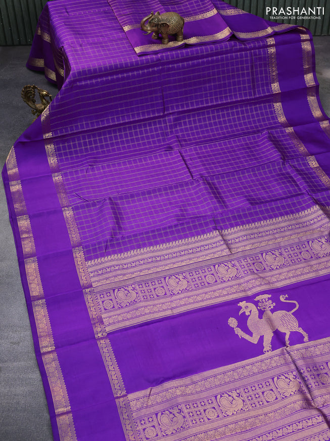 Pure kanchipuram silk saree purple with allover zari checked pattern and rettapet zari woven border