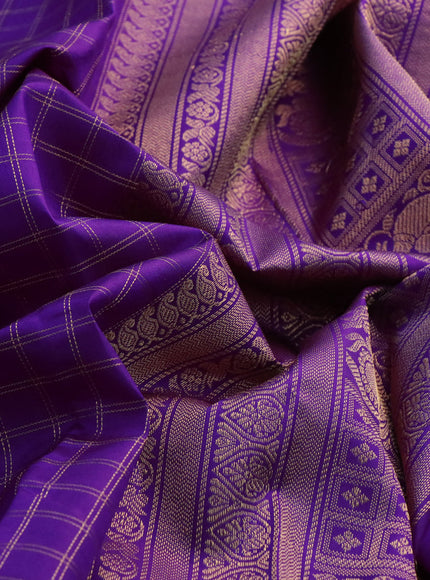 Pure kanchipuram silk saree purple with allover zari checked pattern and rettapet zari woven border