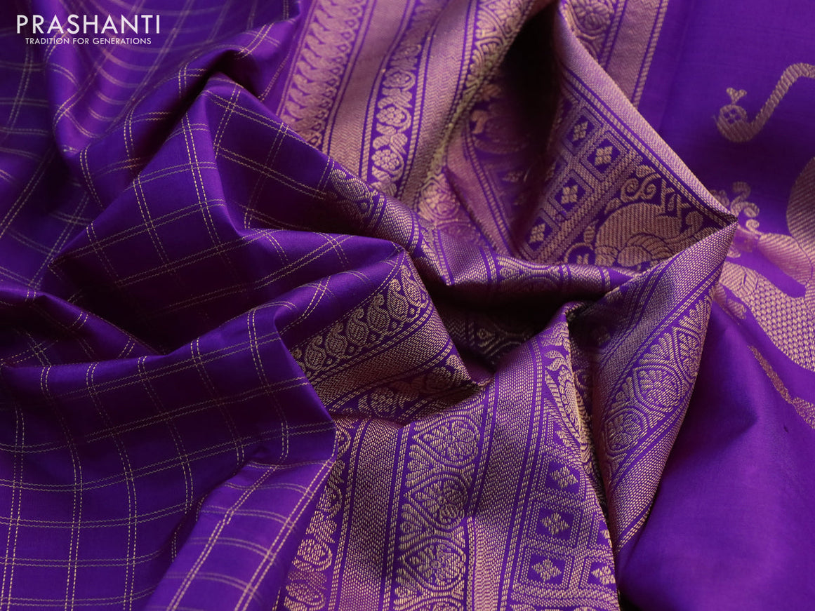 Pure kanchipuram silk saree purple with allover zari checked pattern and rettapet zari woven border