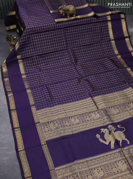 Pure kanchipuram silk saree blue with allover zari checked pattern and rettapet zari woven border