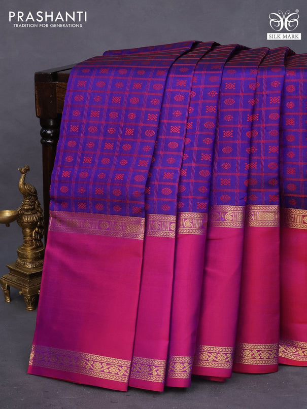 Pure kanchipuram silk saree blue and magenta pink with allover thread woven checked pattern & buttas and rettapet zari woven border