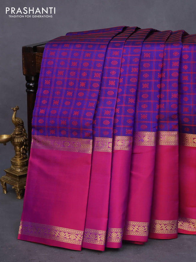 Pure kanchipuram silk saree blue and magenta pink with allover thread woven checked pattern & buttas and rettapet zari woven border