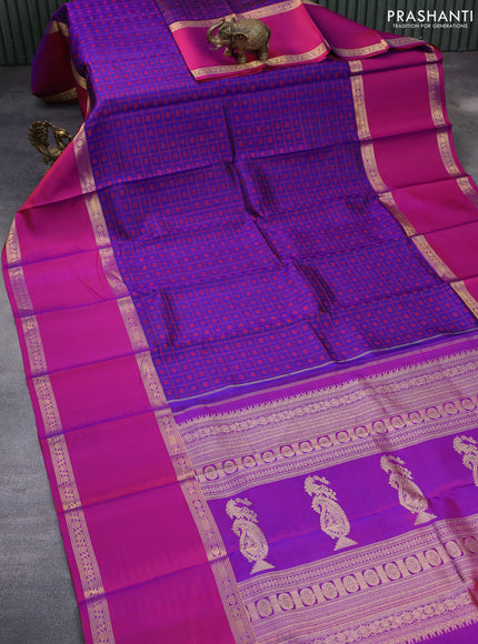 Pure kanchipuram silk saree blue and magenta pink with allover thread woven checked pattern & buttas and rettapet zari woven border