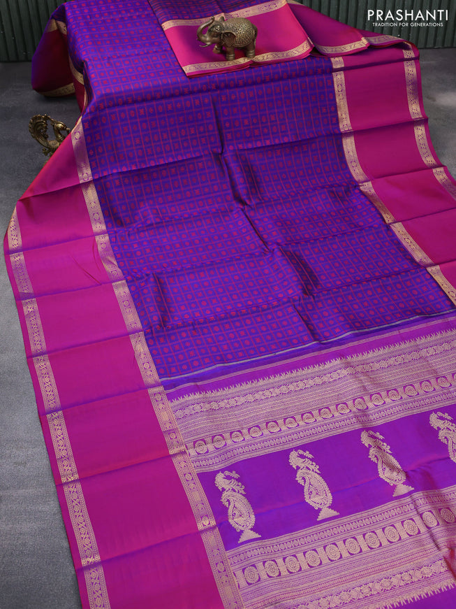 Pure kanchipuram silk saree blue and magenta pink with allover thread woven checked pattern & buttas and rettapet zari woven border