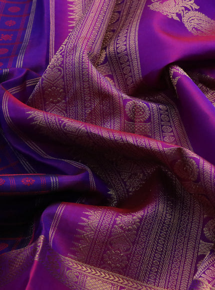 Pure kanchipuram silk saree blue and magenta pink with allover thread woven checked pattern & buttas and rettapet zari woven border