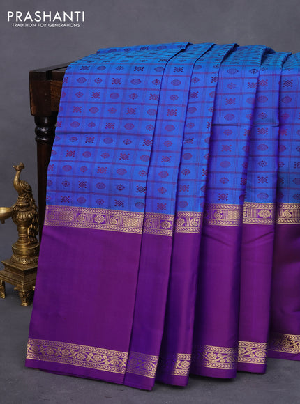 Pure kanchipuram silk saree cs blue and violet with allover thread woven checked pattern & buttas and rettapet zari woven border