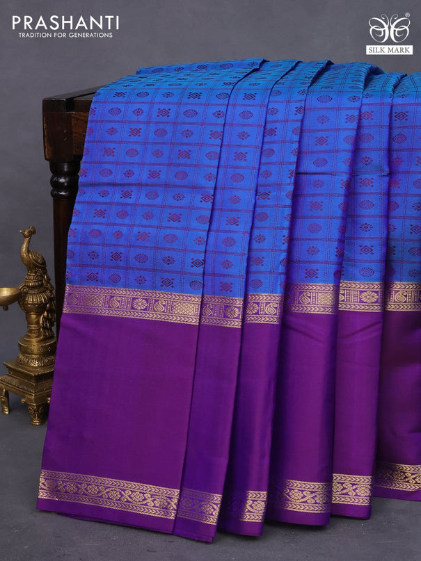 Pure kanchipuram silk saree cs blue and violet with allover thread woven checked pattern & buttas and rettapet zari woven border