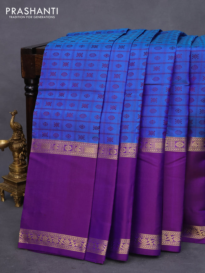 Pure kanchipuram silk saree cs blue and violet with allover thread woven checked pattern & buttas and rettapet zari woven border