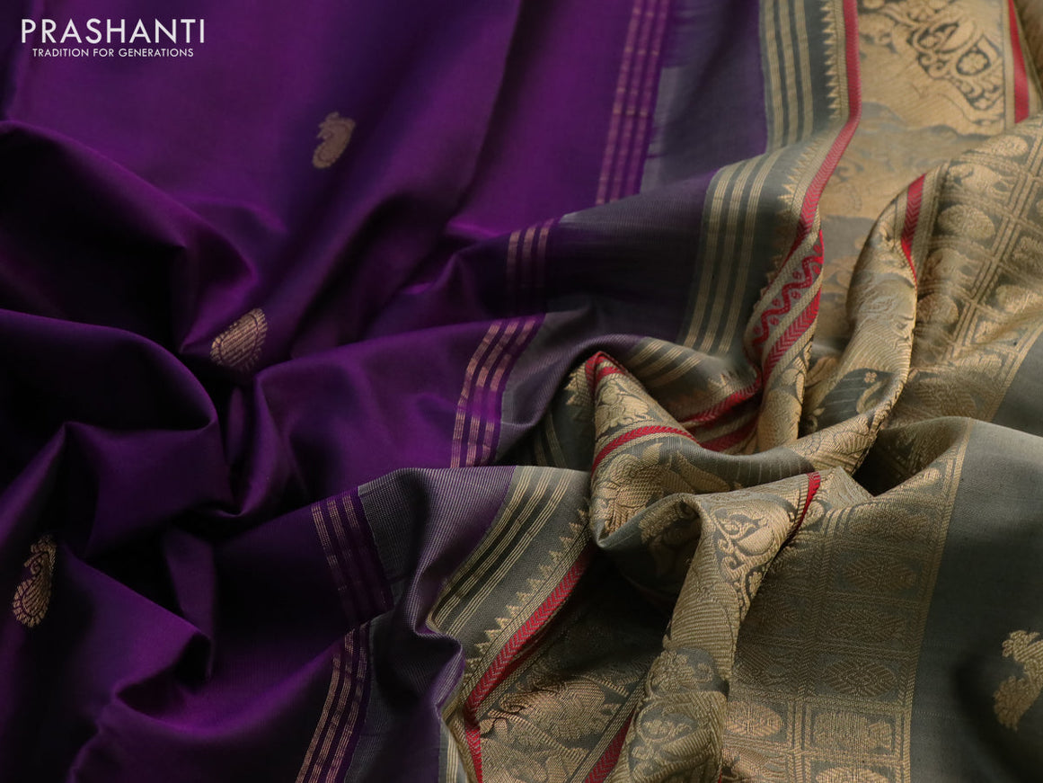 Pure kanchipuram silk saree deep purple and elaichi green with paisley zari woven buttas and rettapet zari woven border