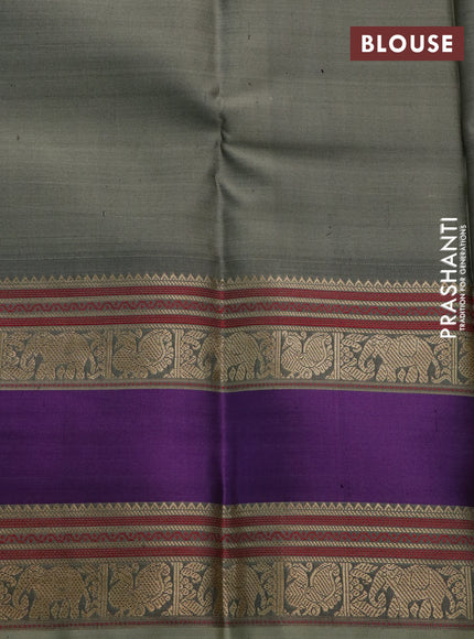 Pure kanchipuram silk saree deep purple and elaichi green with paisley zari woven buttas and rettapet zari woven border