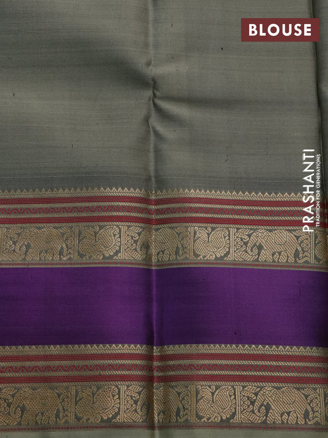 Pure kanchipuram silk saree deep purple and elaichi green with paisley zari woven buttas and rettapet zari woven border