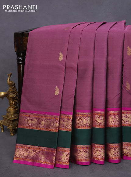 Pure kanchipuram silk saree mauve ink and magenta pink with plain body and rettapet zari woven border