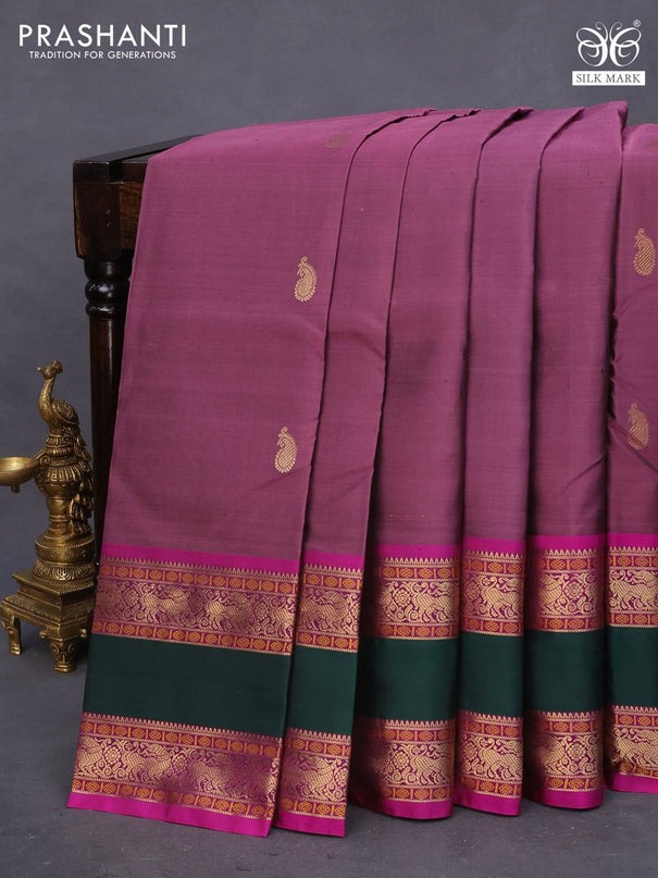 Pure kanchipuram silk saree mauve ink and magenta pink with plain body and rettapet zari woven border