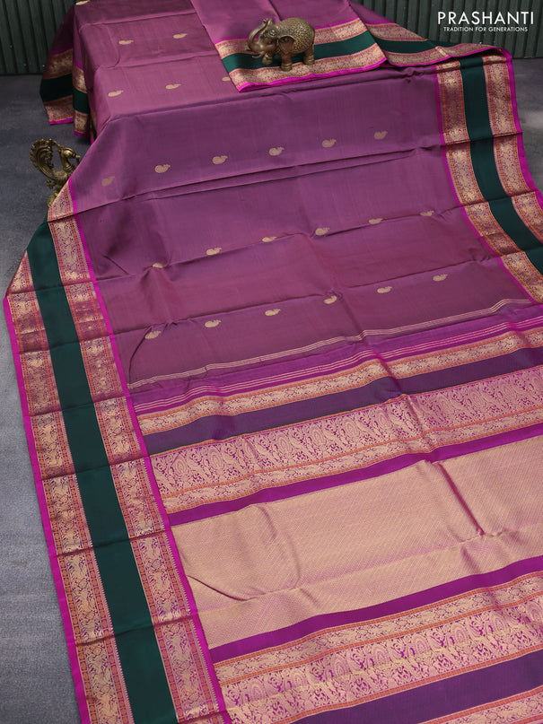 Pure kanchipuram silk saree mauve ink and magenta pink with plain body and rettapet zari woven border