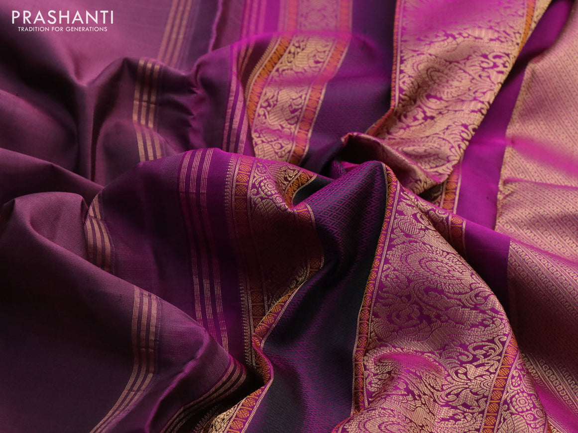 Pure kanchipuram silk saree mauve ink and magenta pink with plain body and rettapet zari woven border