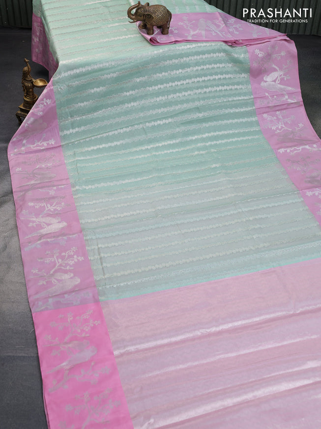 Cotton zari kota saree teal green and light pink with allover zari weaves and zari woven border