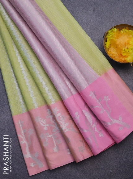 Cotton zari kota saree pista green and peach pink with allover silver zari weaves and silver zari woven border