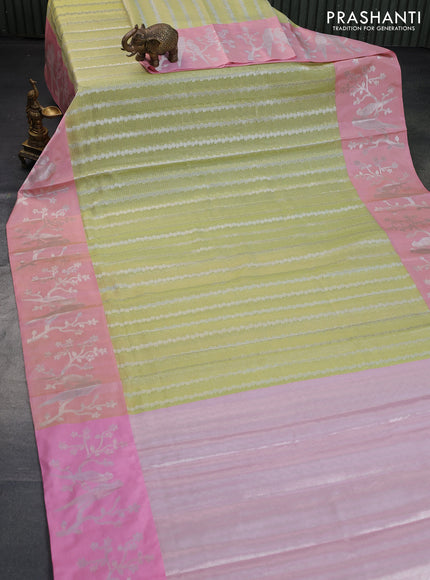 Cotton zari kota saree pista green and peach pink with allover silver zari weaves and silver zari woven border