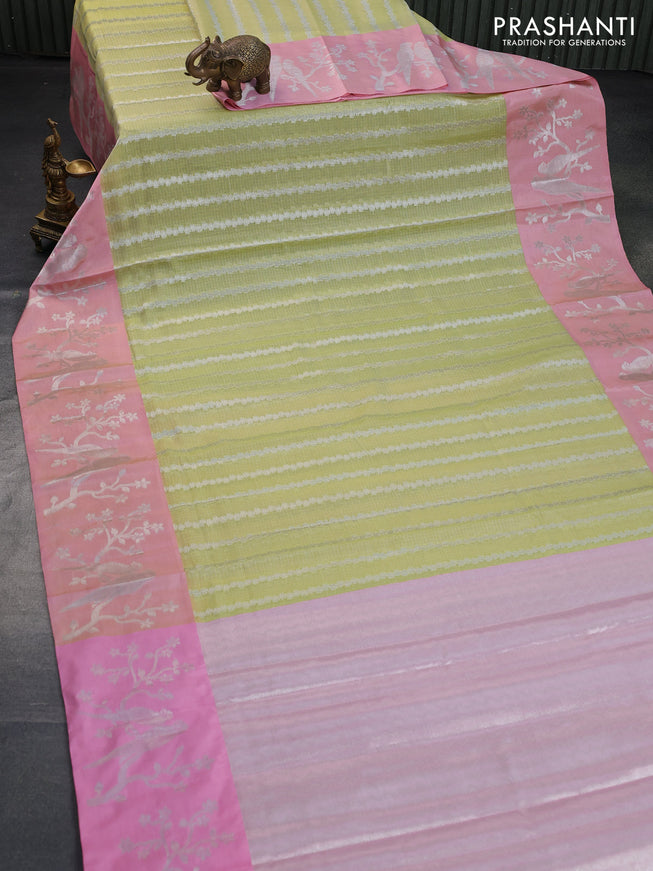 Cotton zari kota saree pista green and peach pink with allover silver zari weaves and silver zari woven border