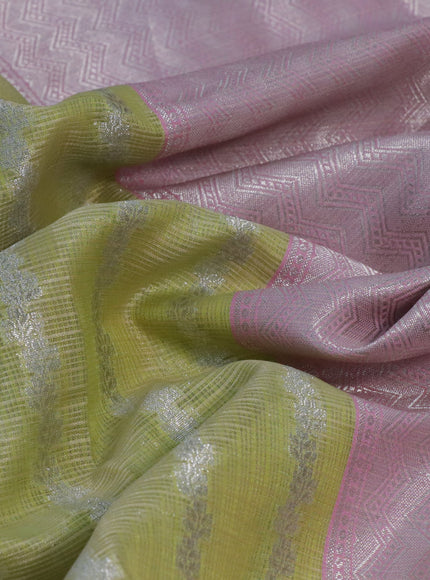 Cotton zari kota saree pista green and peach pink with allover silver zari weaves and silver zari woven border